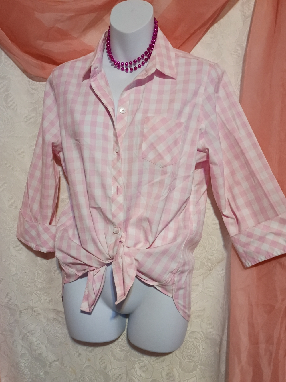 🛍️ BUNDLE ONLY🛍️Foxcroft Pink and White Gingham Button-Down Shirt